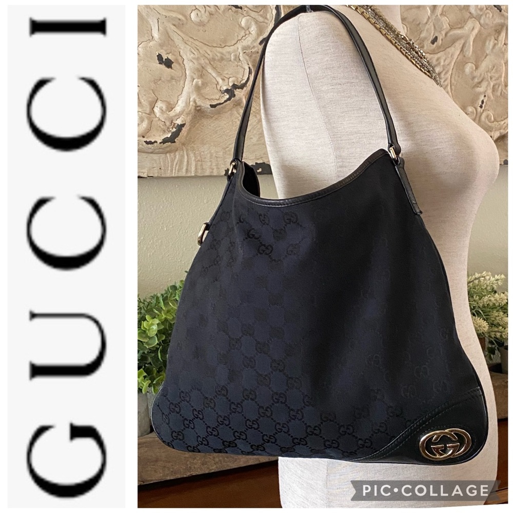 Authentic GUCCI Black Leather & Canvas Handbag